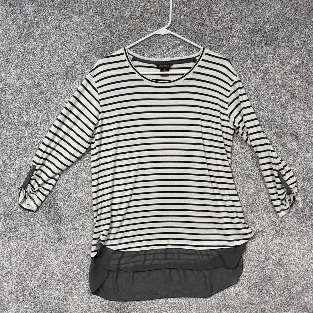 Multiples Tunic Top Women Medium White Gray Striped High Low Hem Roll Tab Sleeve